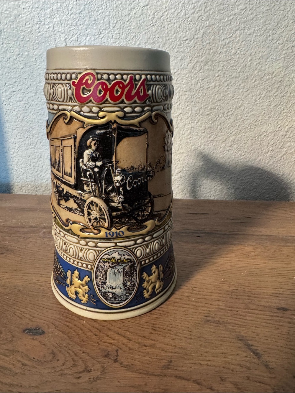 Coors Embossed Ceramic Beer Stein Mug in Beige and Blue